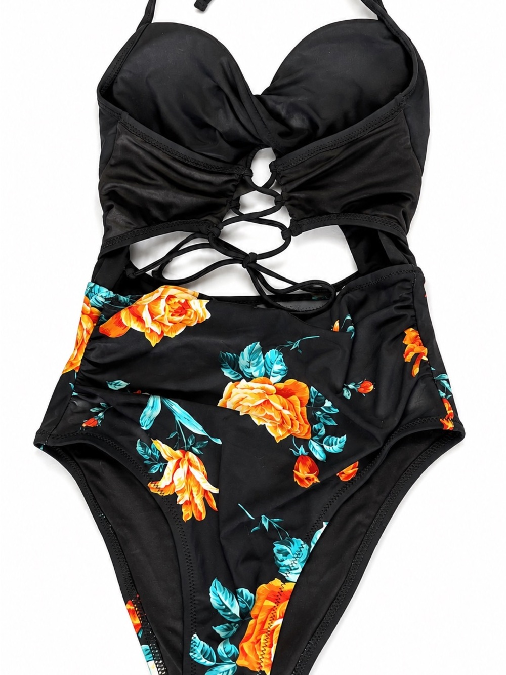 VENUS Black One-Piece Swimsuit with Orange & Teal Floral Print